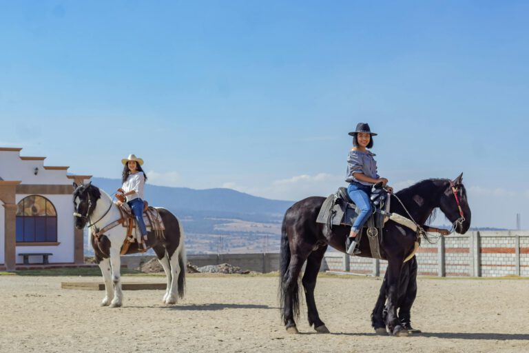 Two women riding horses at a ranch under a clear blue sky, embracing the equestrian lifestyle.